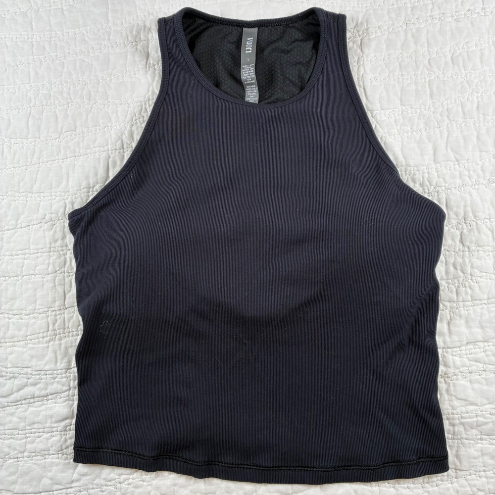 Vuori Pose Plyo Tank Top Black Ribbed Built in Bra VW1009 Crop Women Sz L Yoga